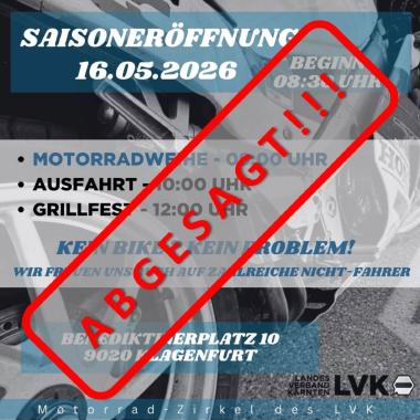IG Bild: ACHTUNG – ABSAGE!!!

Aufgrund der angesagten Regenfälle und niedrigen Temperaturen muss die Saisoneröffnung am 16.05. leider abgesagt werden.

Eine Ausfahrt wäre unter diesen Umständen weder angenehm noch sicher.

Schönes Wochenende bei Couch-Wetter!